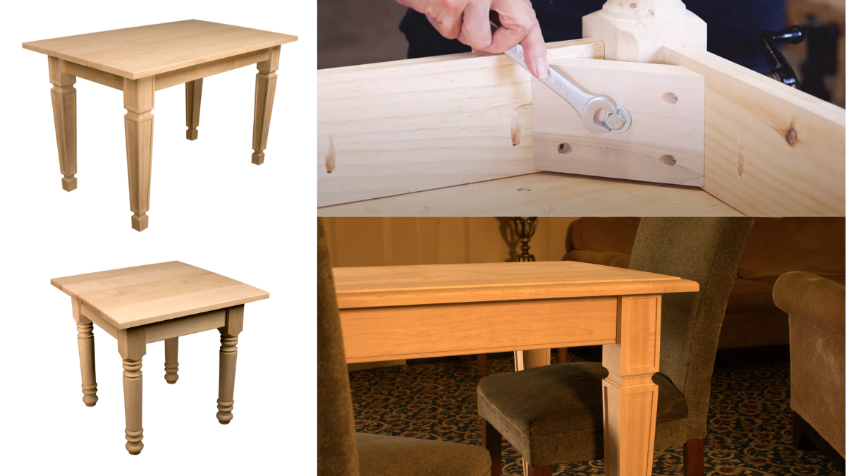 Build a Beautiful and Simple Table with Customizable Table Base Kits and Pre-Made Plank Tabletop Kits!