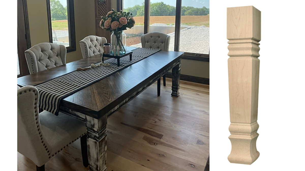 Rustic Farmhouse Table Legs Contrast with Herringbone Table Top
